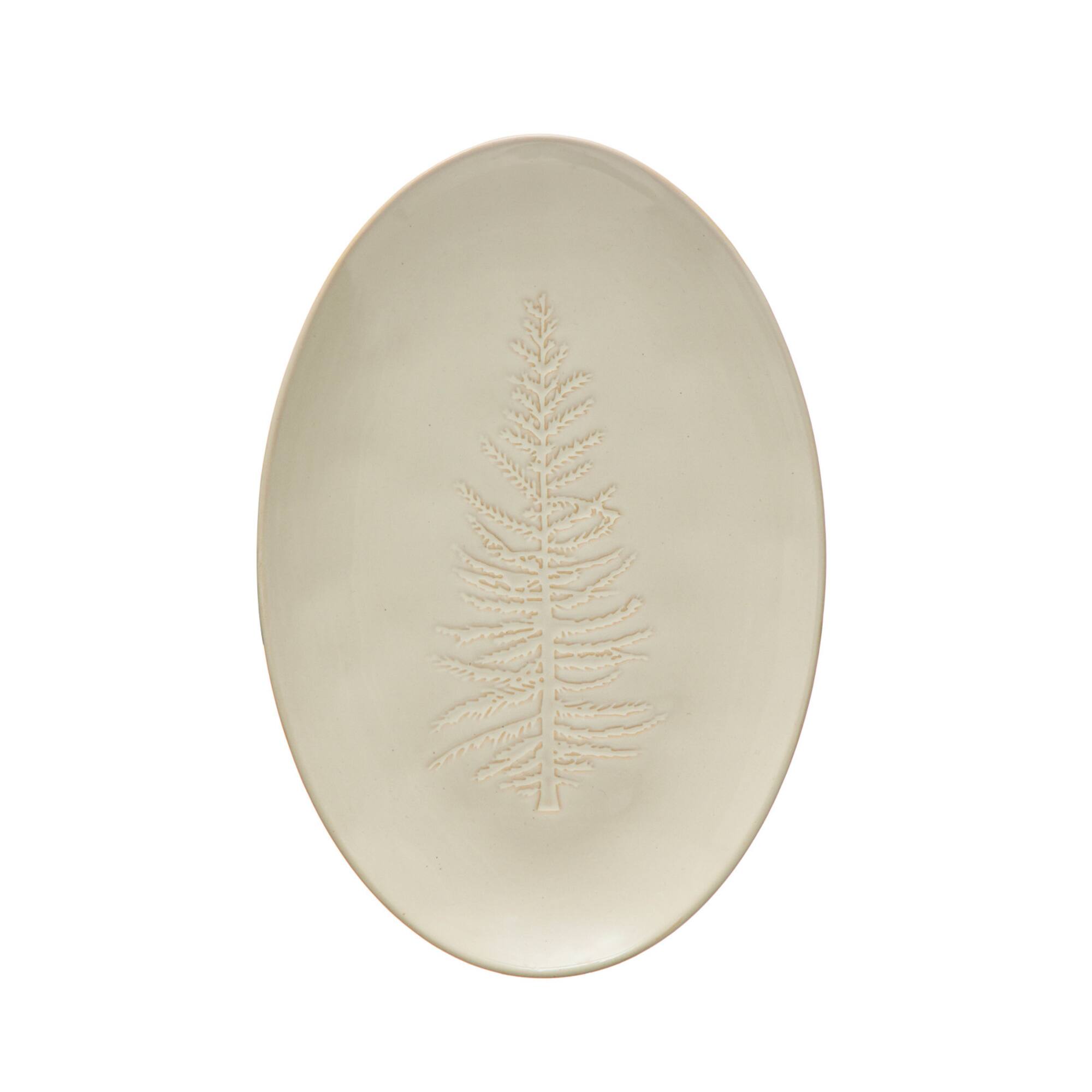Hello Honey® 12" Wide White Oval Debossed Stoneware Platter with Tree Design